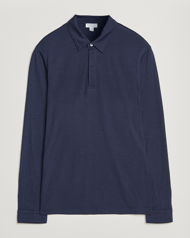 Sunspel Wool Jersey Long Sleeve Polo Navy – Blauw