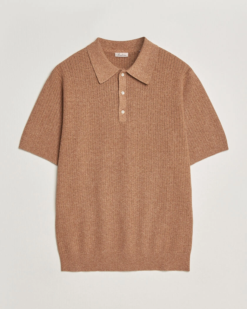 Stenströms Knitted Textured Cotton/Hemp Polo Light Brown – Marron