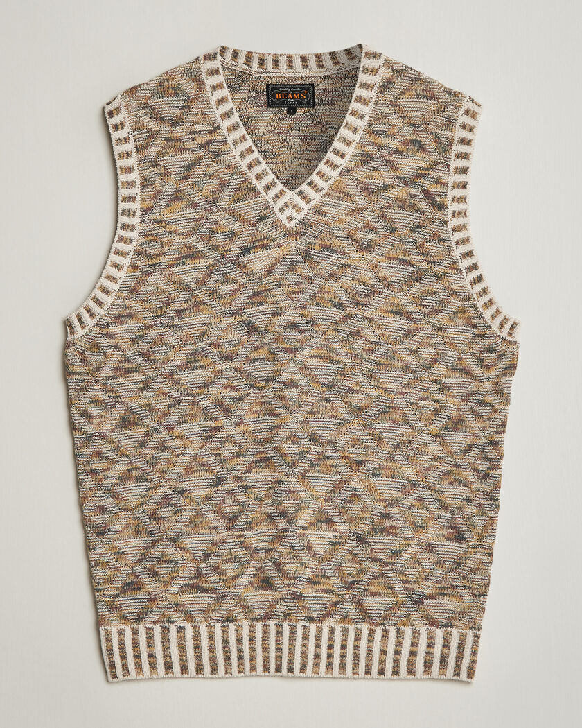 BEAMS PLUS Kasuri Jacquard Knit Vest Beige – Multicolore