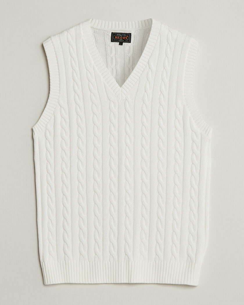 BEAMS PLUS Cable Knit Vest White – Blanc
