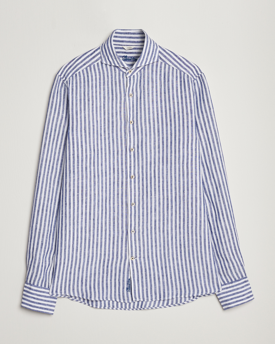 Heren | Overhemden | Stenströms | Slimline Cut Away Striped Linen Shirt Blue