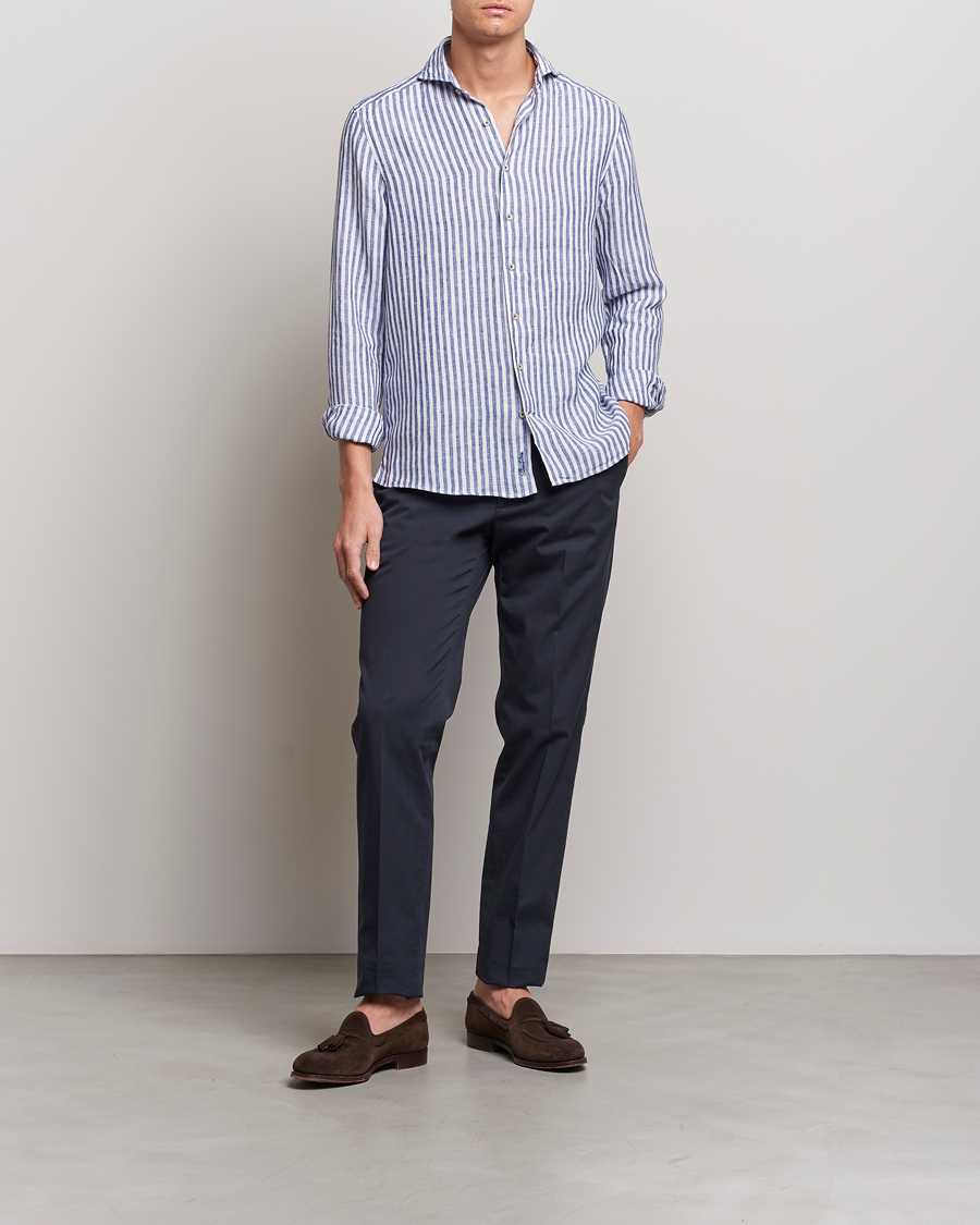 Heren | Overhemden | Stenströms | Slimline Cut Away Striped Linen Shirt Blue