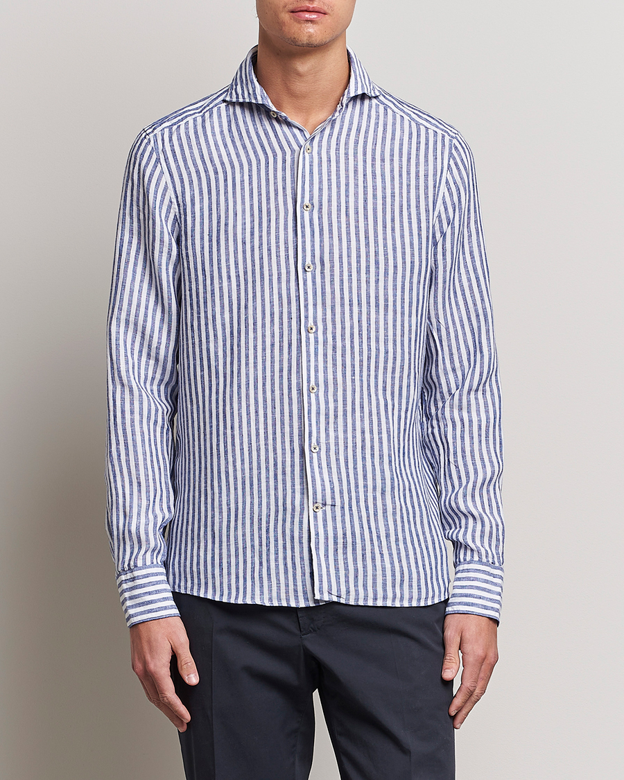 Heren | Overhemden | Stenströms | Slimline Cut Away Striped Linen Shirt Blue