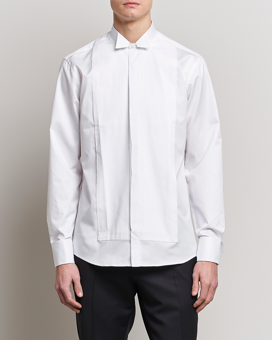 Heren | Overhemden | Stenströms | Fitted Body Stand Up Collar Plissè Shirt White