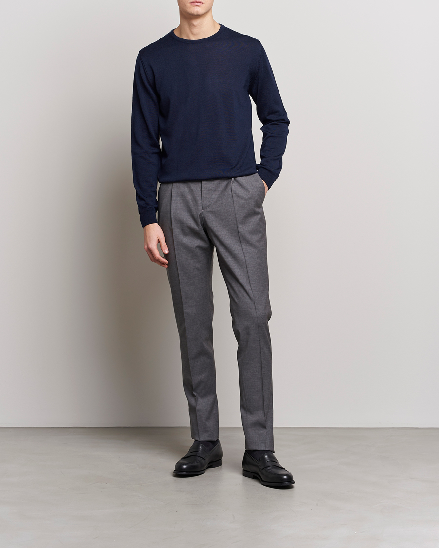 Heren | Truien | Stenströms | Merino Patch Crew Neck Navy/Light Grey