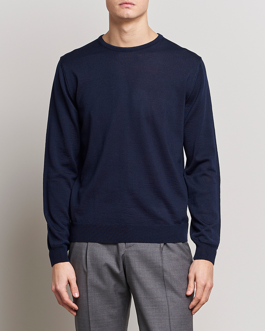 Heren | Truien | Stenströms | Merino Patch Crew Neck Navy/Light Grey