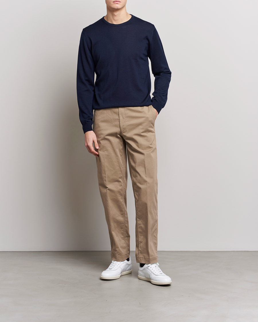 Heren | Truien | Stenströms | Merino Patch Crew Neck Navy/Light Blue