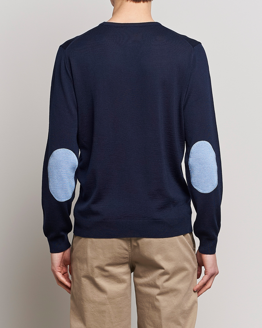 Heren | Truien | Stenströms | Merino Patch Crew Neck Navy/Light Blue