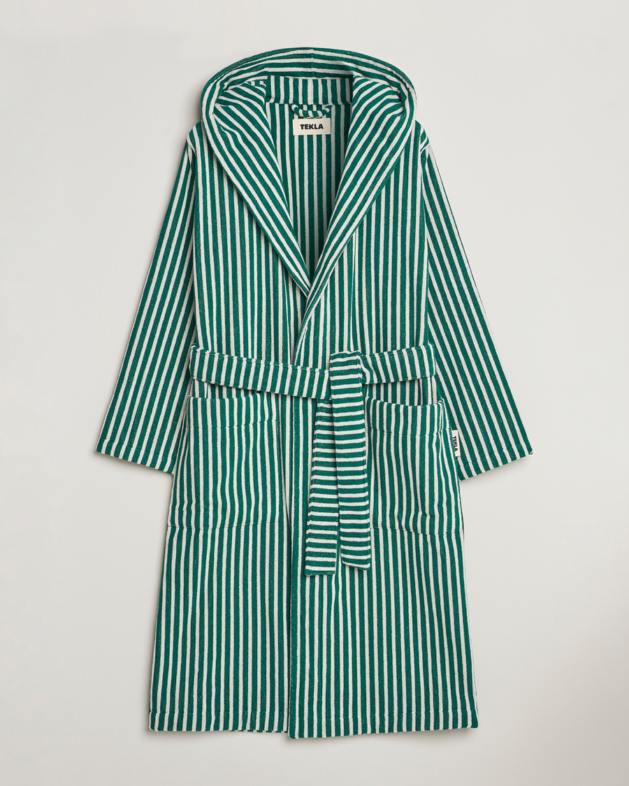 Heren | Pyjama's en gewaden | Tekla | Organic Terry Hooded Bathrobe Teal Green Stripes