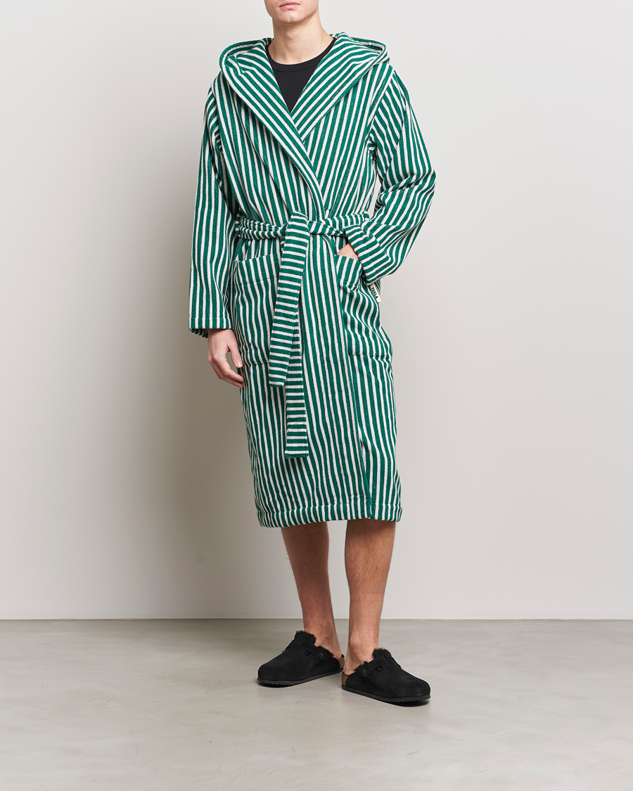 Heren | Pyjama's en gewaden | Tekla | Organic Terry Hooded Bathrobe Teal Green Stripes