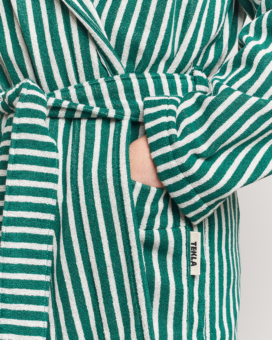 Heren | Pyjama's en gewaden | Tekla | Organic Terry Hooded Bathrobe Teal Green Stripes