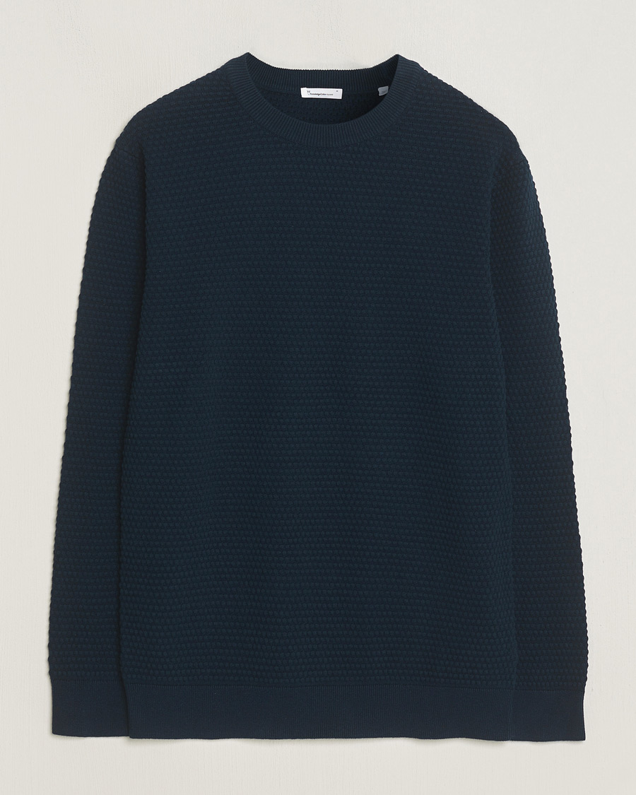 Heren | Truien | KnowledgeCotton Apparel | Vagn Bubble Knit Cotton Crew Neck Total Eclipse