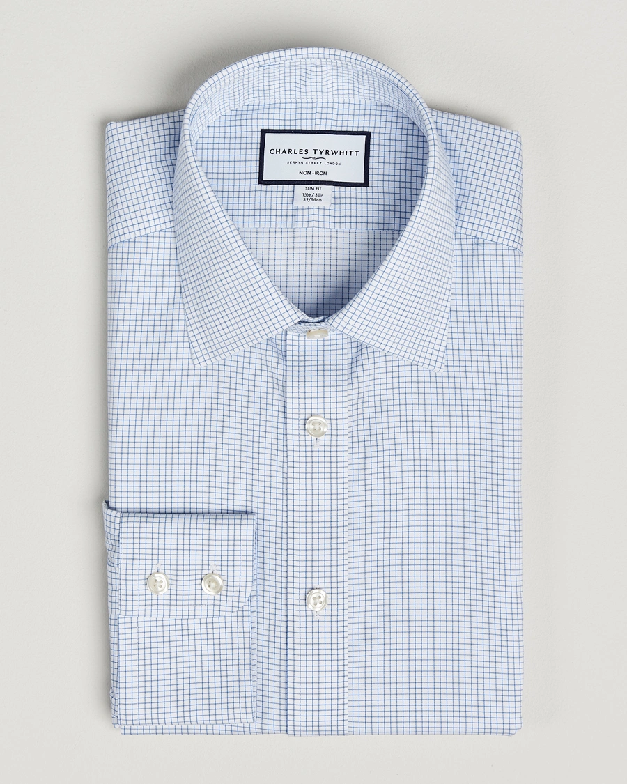 Heren | Overhemden | Charles Tyrwhitt | Slim Fit Non Iron Mini Grid Check Shirt Sky Blue