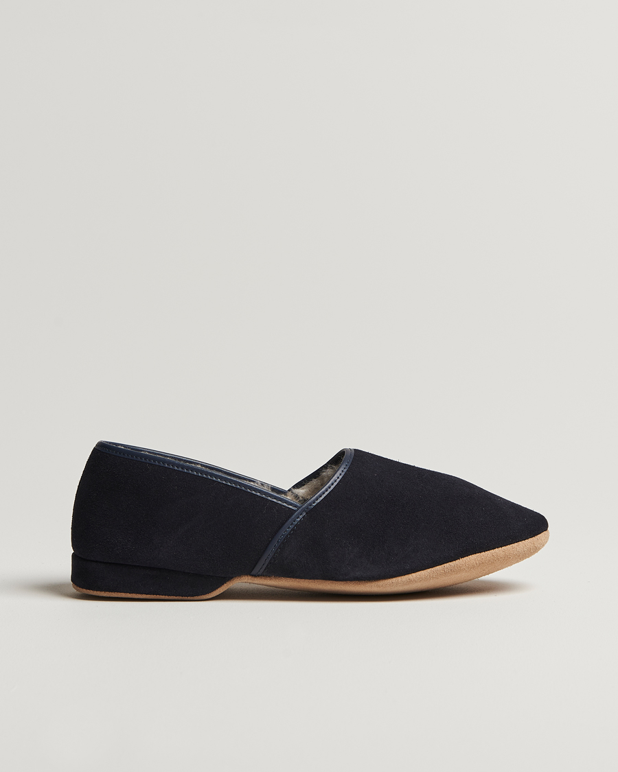Heren | Sandalen slides | Derek Rose | Crawford Sheepskin Suede Slippers Navy