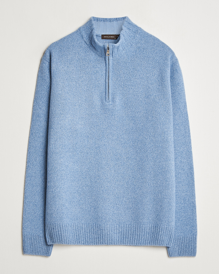 Heren | Truien | Oscar Jacobson | Paul Wool/Cashmere Melange Half Zip Light Blue