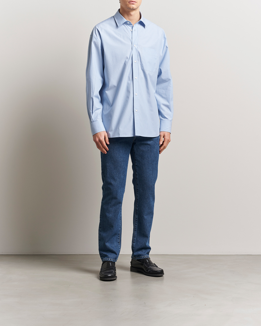 Heren | Overhemden | Filippa K | Striped Cotton Poplin Shirt Light Blue/White