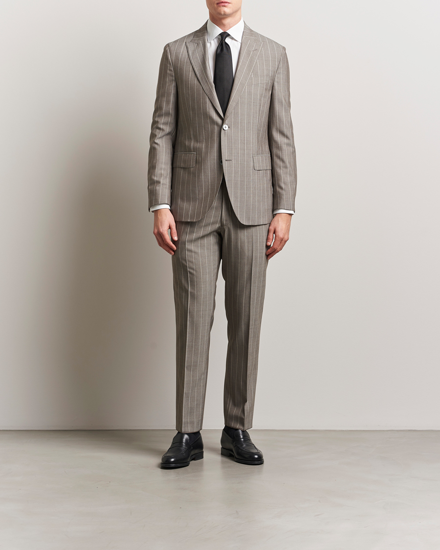 Heren | Broeken | Oscar Jacobson | Dandy Striped Super 130s Wool Trouser Beige