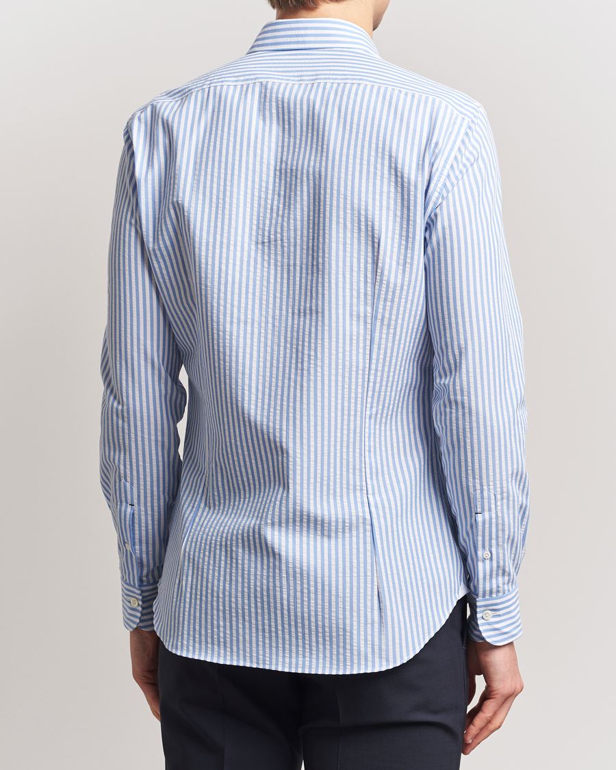 Heren | Overhemden | Mazzarelli | Soft Cotton Seersucker Shirt Light Blue Stripe