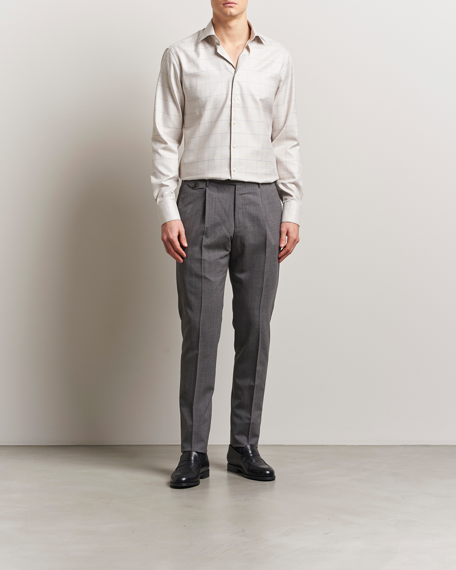 Heren | Overhemden | Stenströms | Fitted Body Checked Houndstooth Shirt Taupe