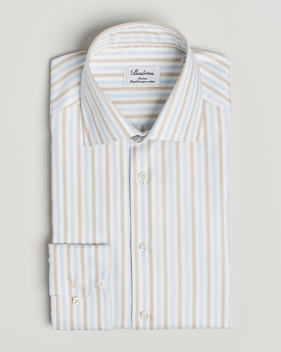 Heren | Overhemden | Stenströms | Slimline Multi Striped Twill Shirt Blue/Beige
