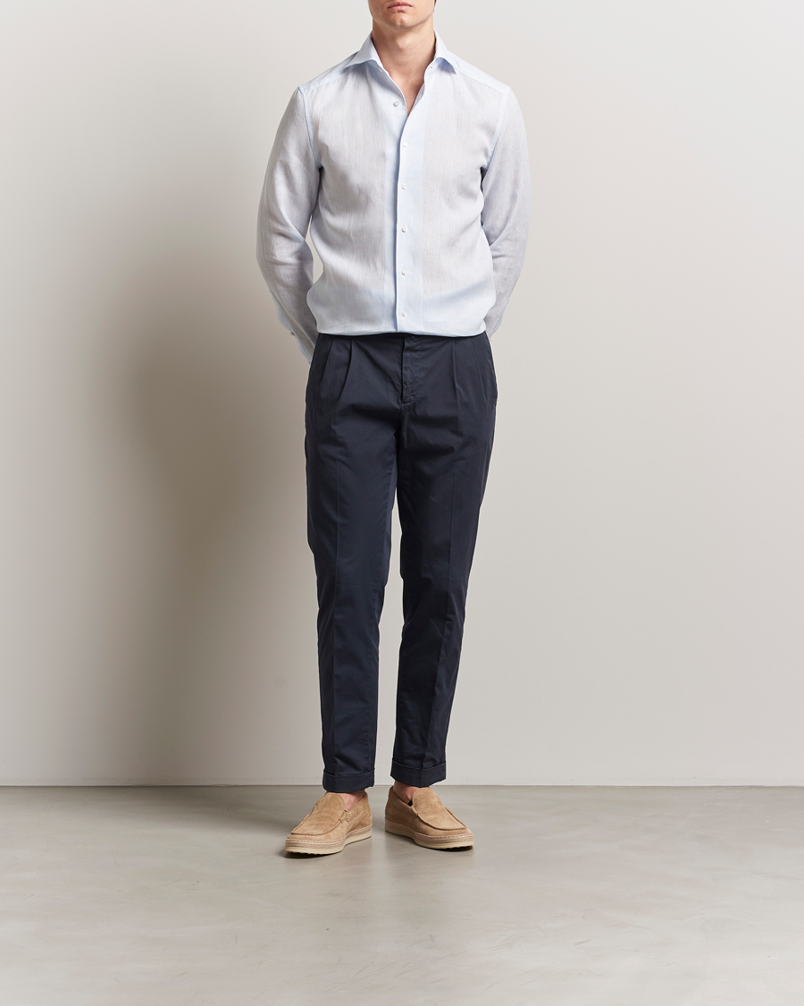 Heren | Overhemden | Stenströms | 1899 Slimline Linen One Piece Collar Shirt Blue