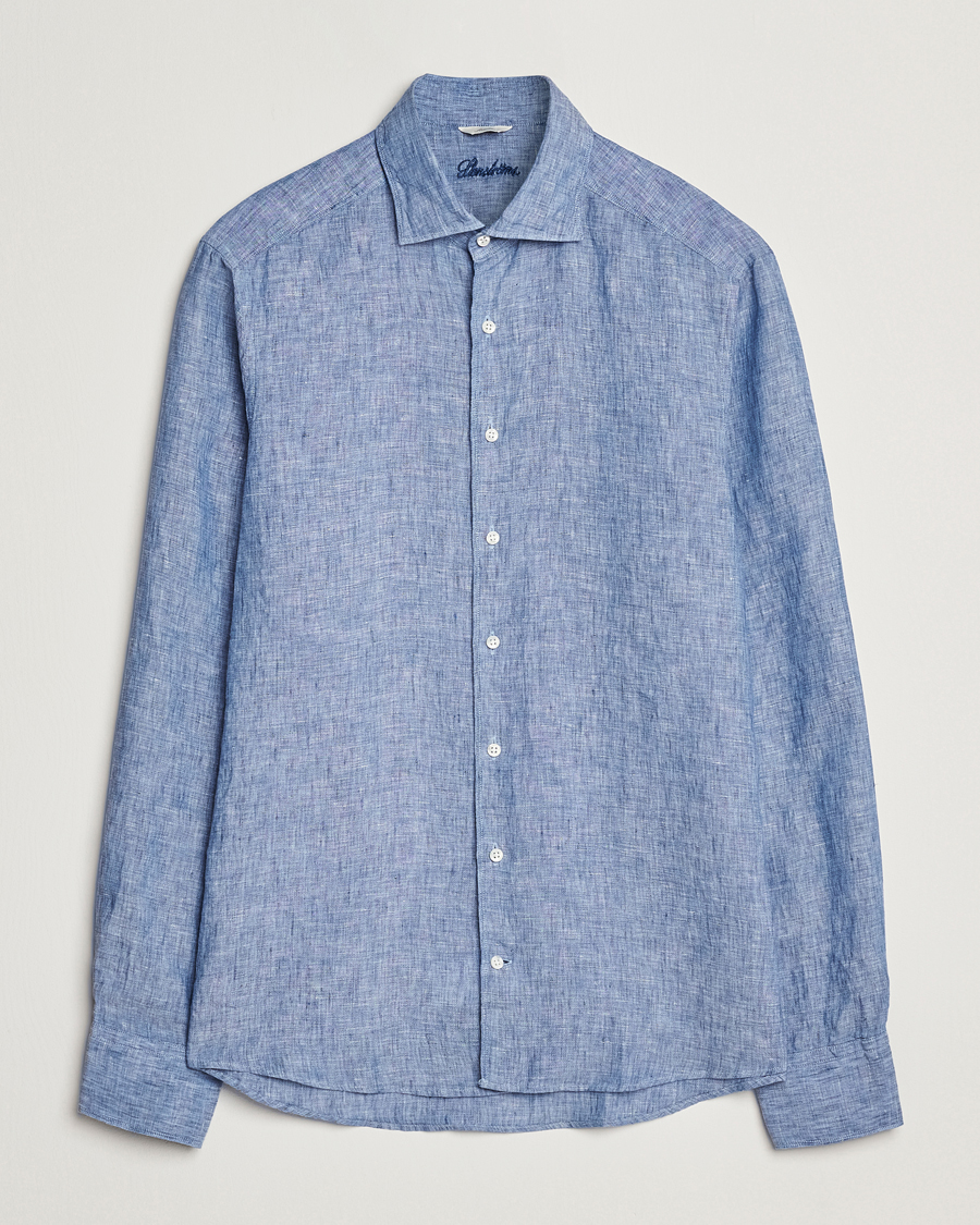 Heren | Overhemden | Stenströms | Slimline Cut Away Linen Shirt Mid Blue