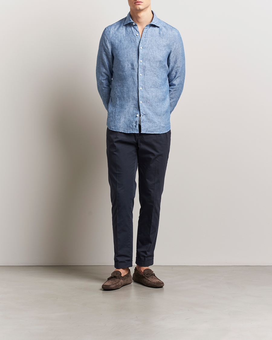 Heren | Overhemden | Stenströms | Slimline Cut Away Linen Shirt Mid Blue