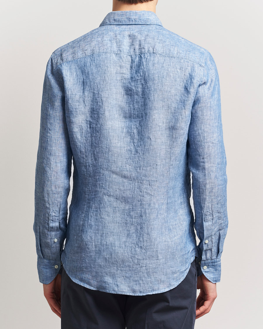 Heren | Overhemden | Stenströms | Slimline Cut Away Linen Shirt Mid Blue