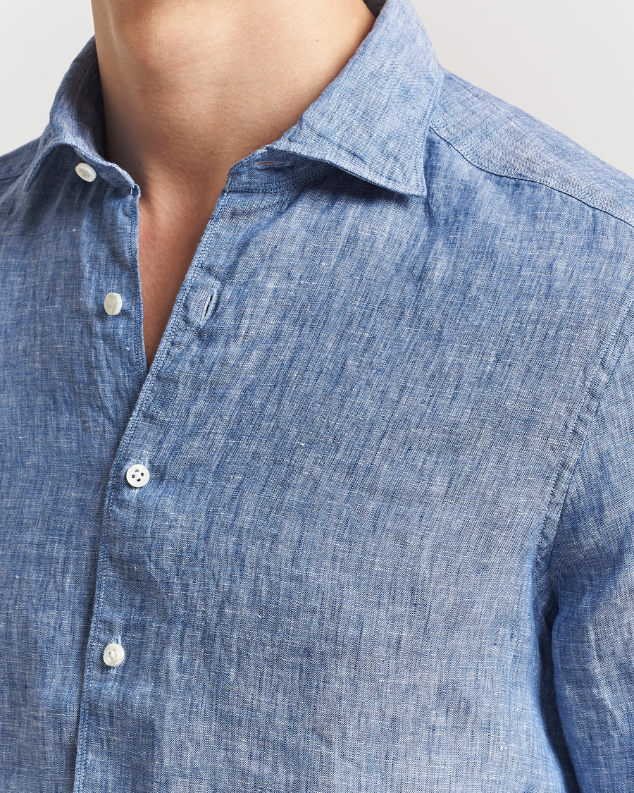Heren | Overhemden | Stenströms | Slimline Cut Away Linen Shirt Mid Blue