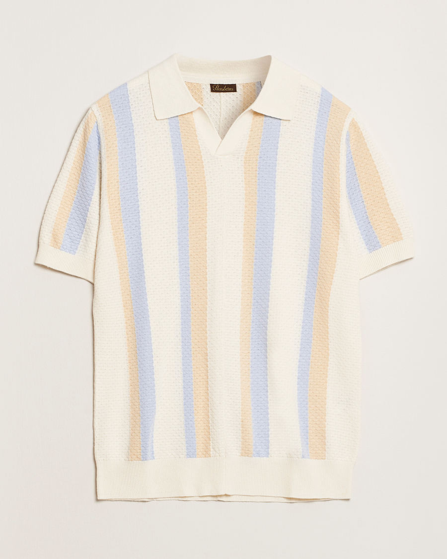 Heren | Polo's | Stenströms | Knitted Textured Striped Cotton/Hemp Polo Off White