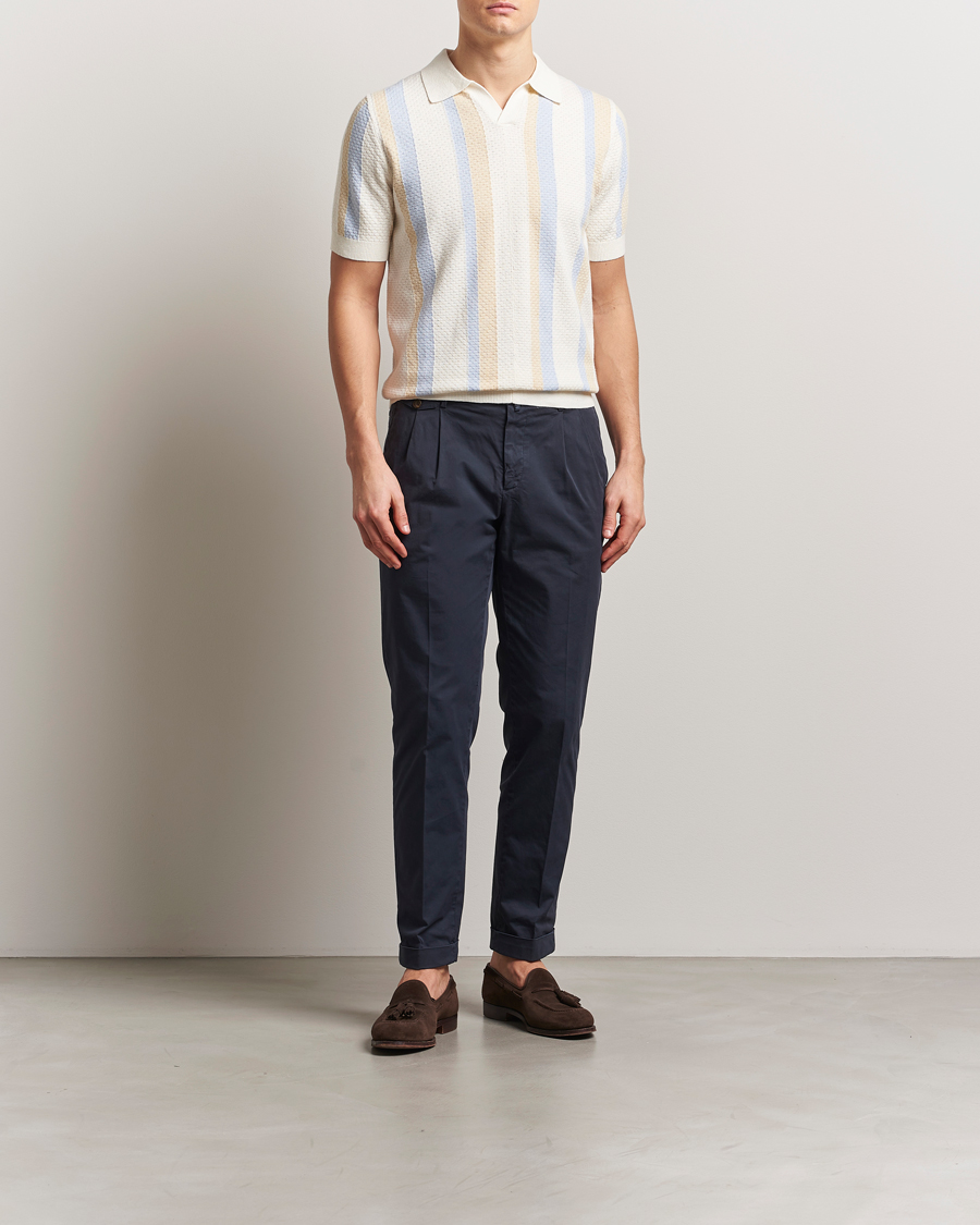 Heren | Polo's | Stenströms | Knitted Textured Striped Cotton/Hemp Polo Off White