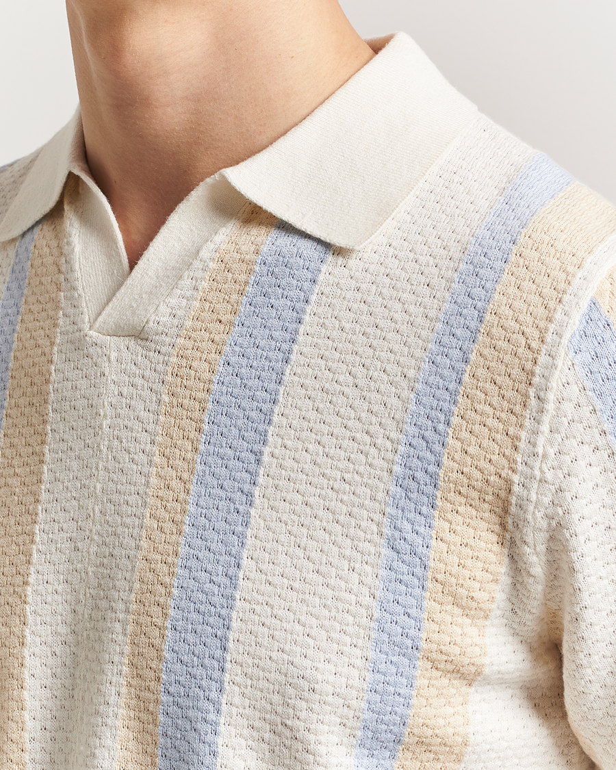 Heren | Polo's | Stenströms | Knitted Textured Striped Cotton/Hemp Polo Off White