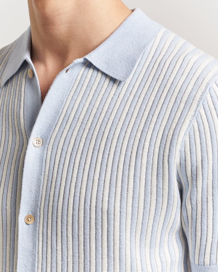 Heren | Overhemden | Stenströms | Knitted Buttonthru Polo Shirt White/Blue