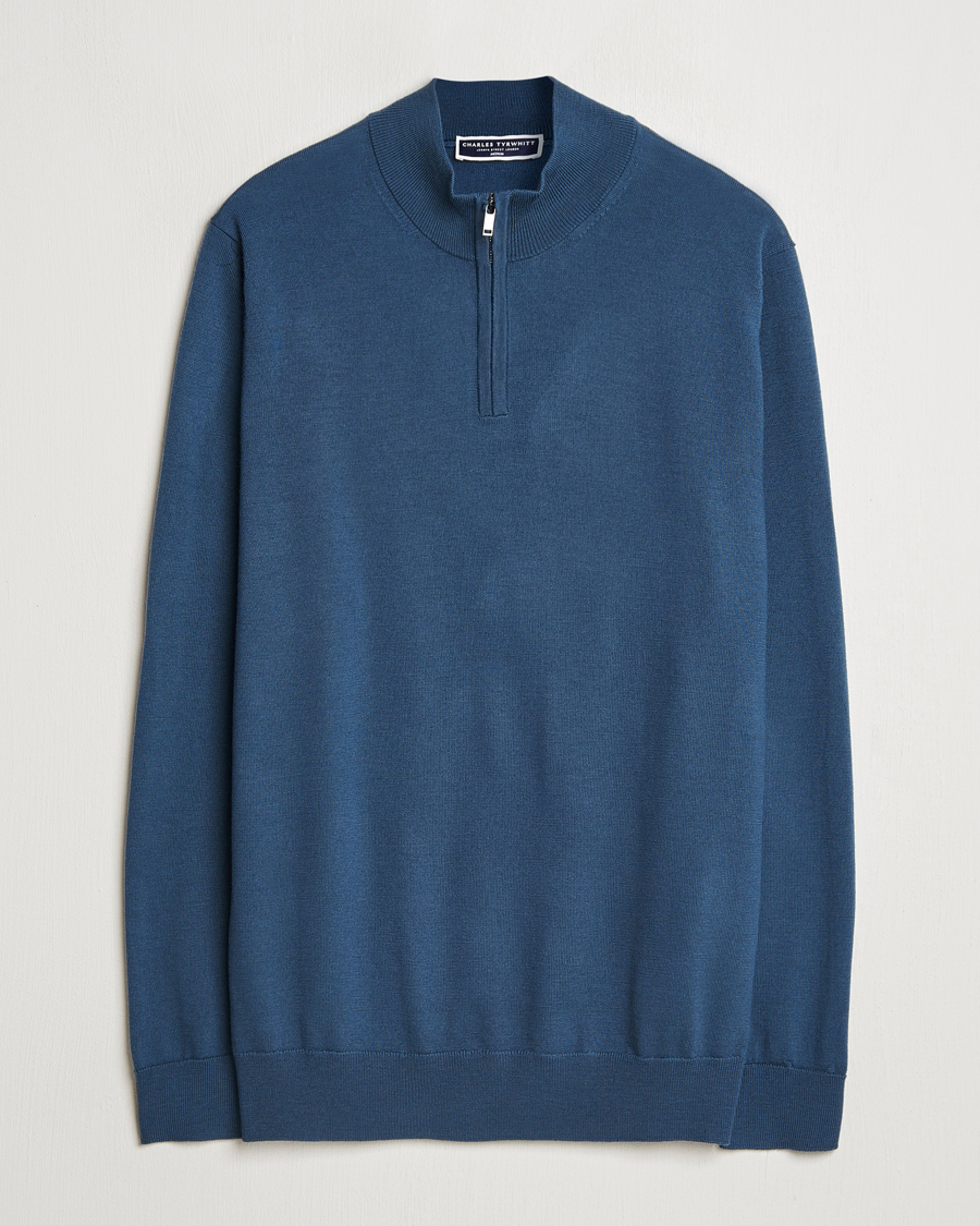Heren | Truien | Charles Tyrwhitt | Pure Merino Zip Neck Jumper Petrol Blue