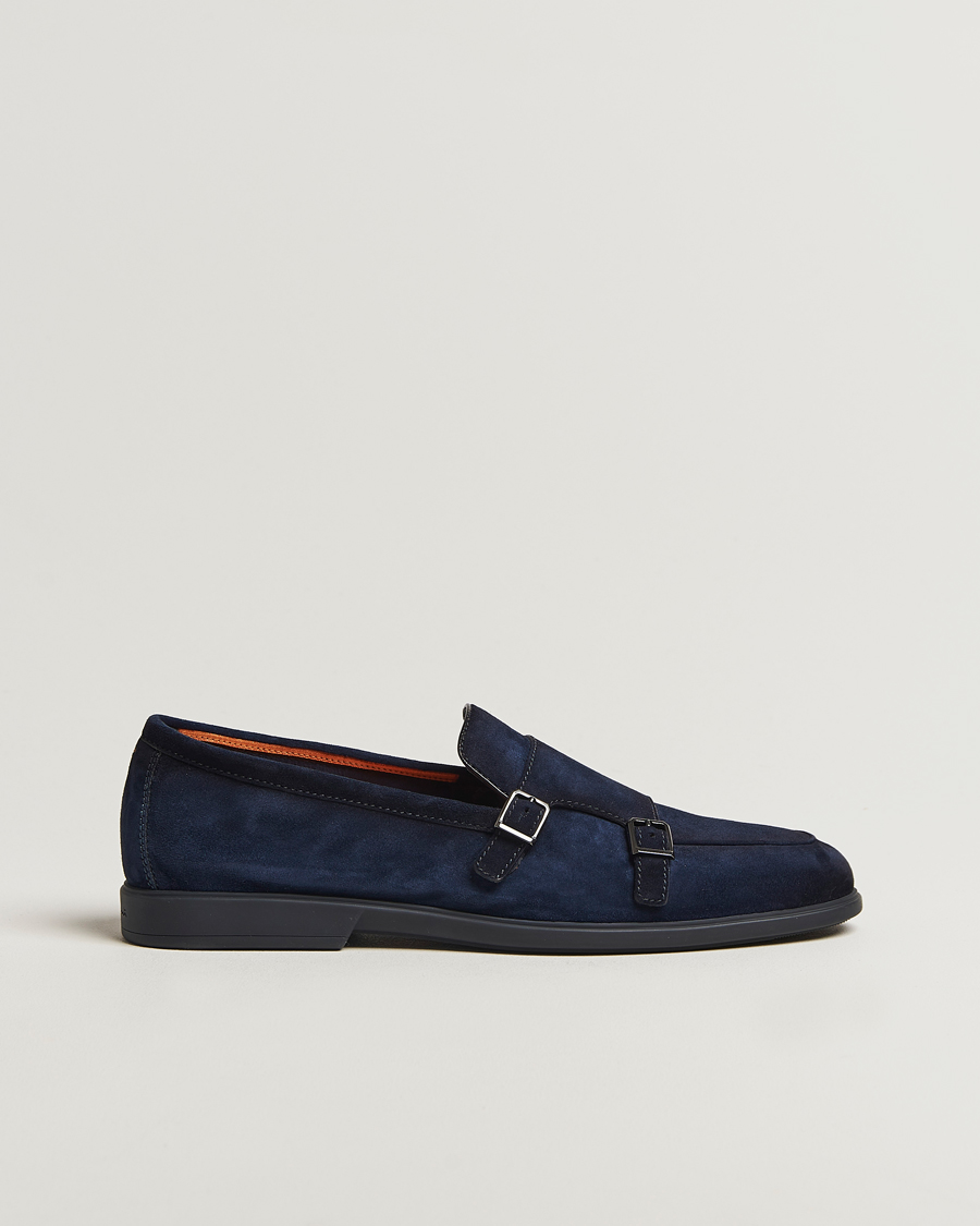Heren | Santoni Malibu Double Buckle Loafers Navy Suede | Santoni | Malibu Double Buckle Loafers Navy Suede
