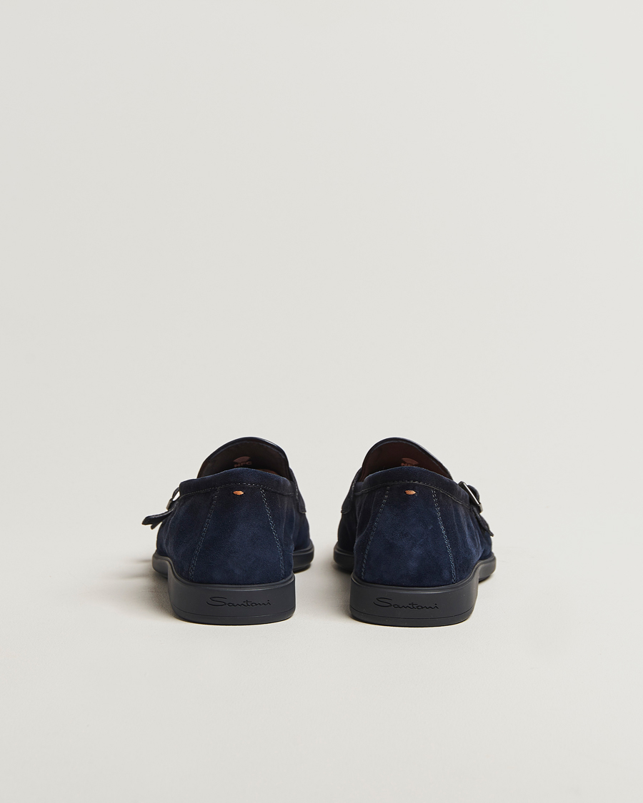 Heren | Santoni Malibu Double Buckle Loafers Navy Suede | Santoni | Malibu Double Buckle Loafers Navy Suede