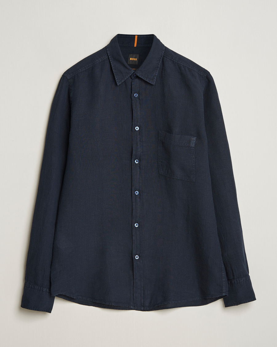 Heren | Overhemden | BOSS ORANGE | Relegant Linen Shirt Dark Blue