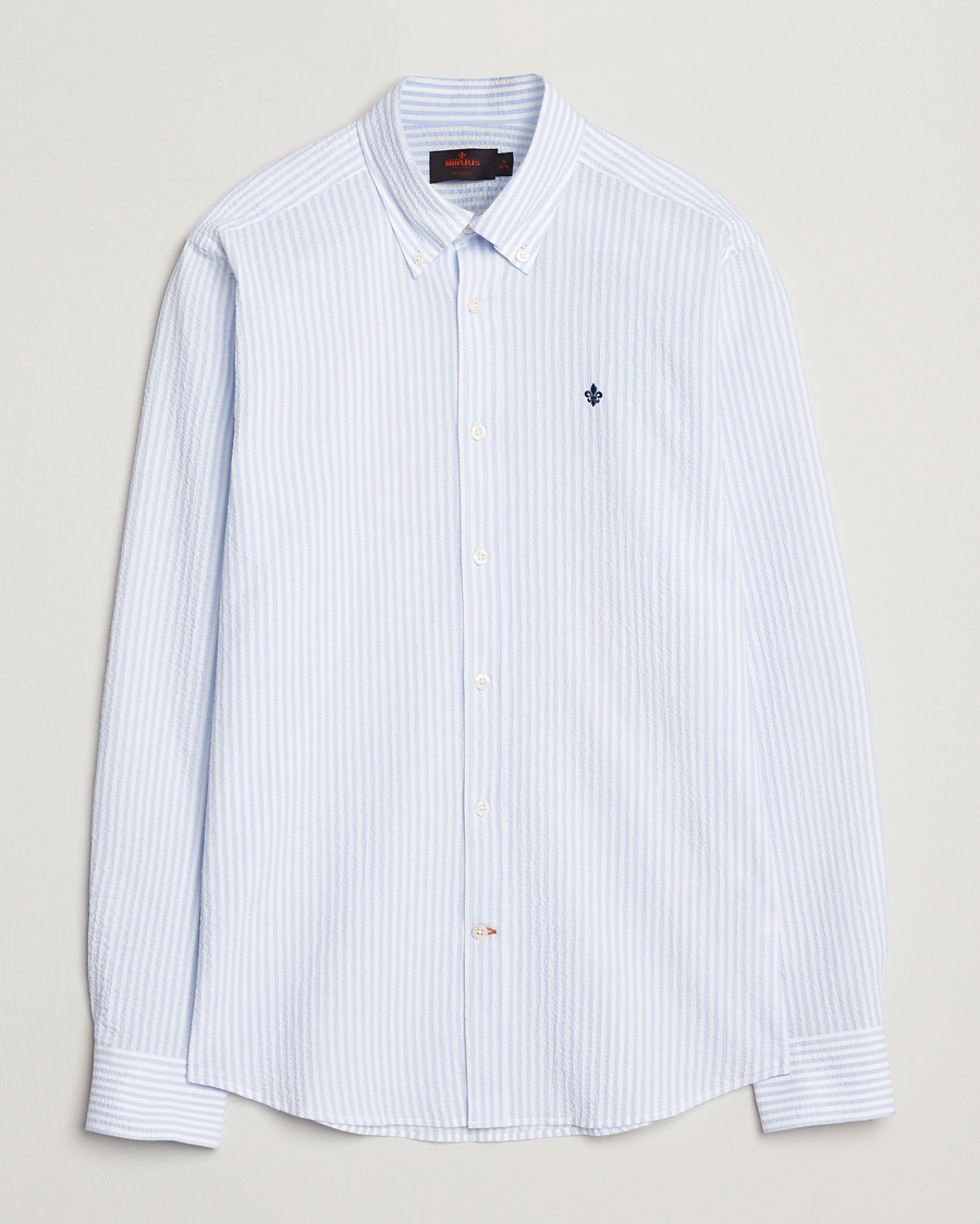Heren | Overhemden | Morris | Slim Fit Striped Seersucker Shirt Light Blue