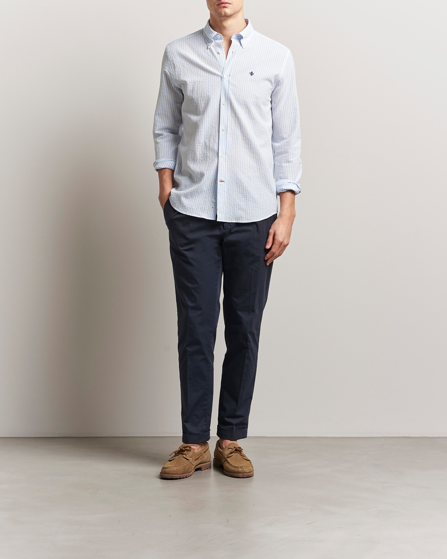 Heren | Overhemden | Morris | Slim Fit Striped Seersucker Shirt Light Blue
