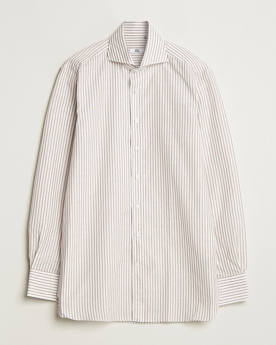 Heren | Overhemden | 100Hands | Cut Away Striped Linen Shirt Brown