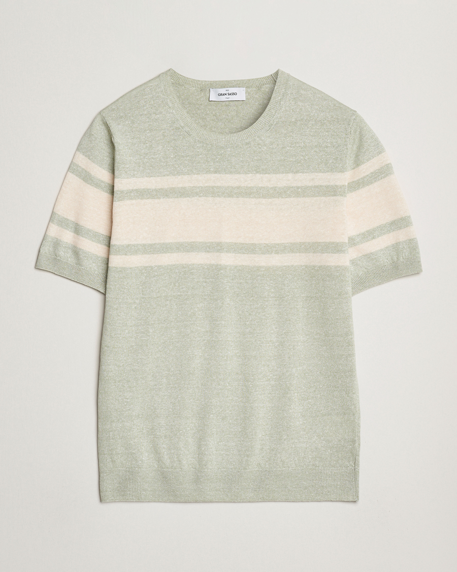 Heren | T-shirts | Gran Sasso | Linen/Cotton Striped Crew Neck T-Shirt Light Green