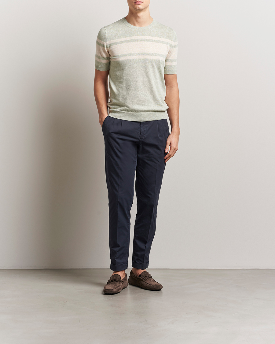 Heren | T-shirts | Gran Sasso | Linen/Cotton Striped Crew Neck T-Shirt Light Green