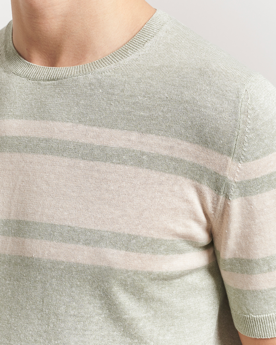 Heren | T-shirts | Gran Sasso | Linen/Cotton Striped Crew Neck T-Shirt Light Green